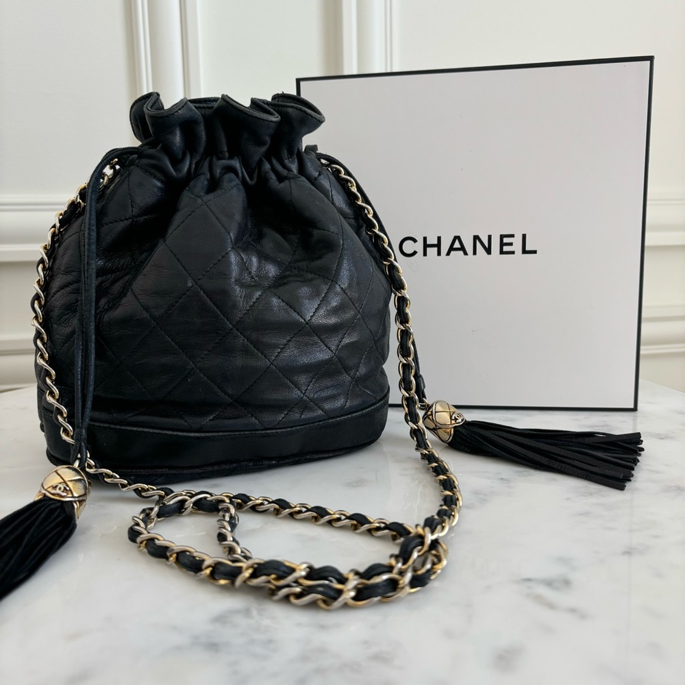 Vintage CHANEL 24K Gold Black Lambskin Leather Quilted Bucket Shoulder Bag